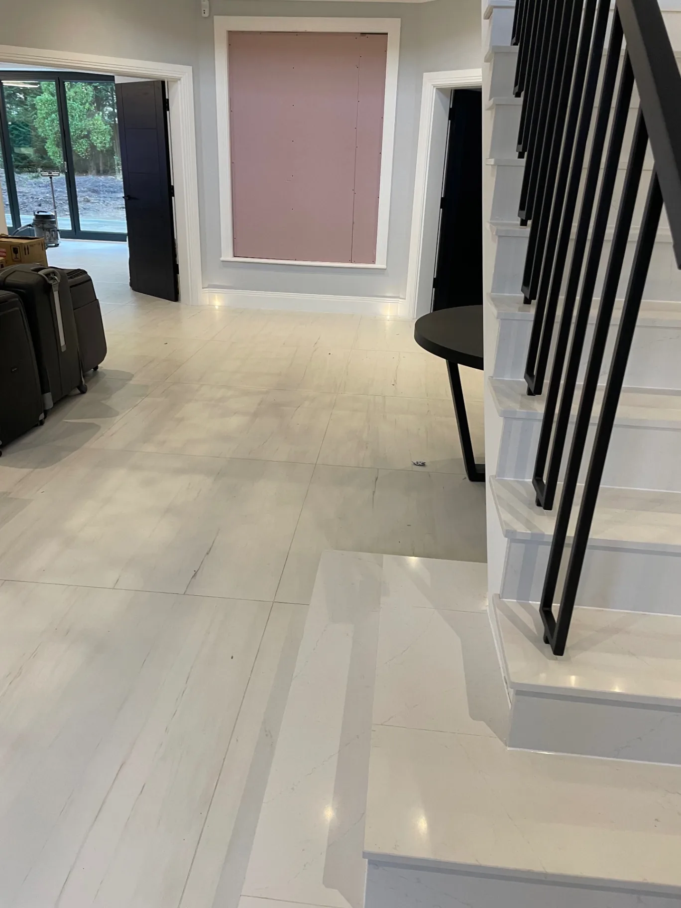 Hallway & Staircase — Marble-effect porcelain with matching bullnose treads & risers, Sunningdale